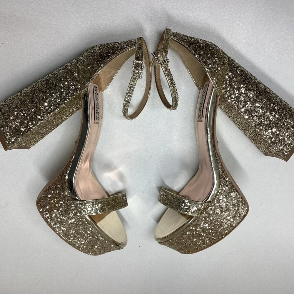 Badgley Mischka Party Platform Block Heel in‎ Gold Silver Glitter - Picture 9 of 16